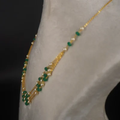 HK0328 Green Pumpkin Beads & Pearl Used Beautiful Necklace - Image 3