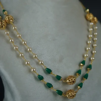 Pearl Necklace with Green CZ drops & Gold Plated DD Balls HK0344 Green - Image 4