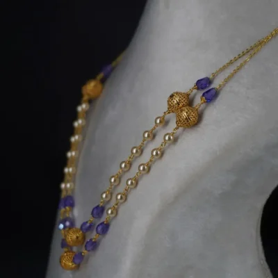 Pearl Necklace with Purple CZ drops & Gold Plated DD Balls HK0344 Purple - Image 3