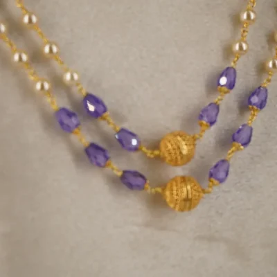 Pearl Necklace with Purple CZ drops & Gold Plated DD Balls HK0344 Purple - Image 4