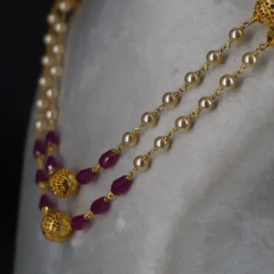 Pearl Necklace with Ruby CZ drops & Gold Plated DD Balls HK0344 Pink - Image 3