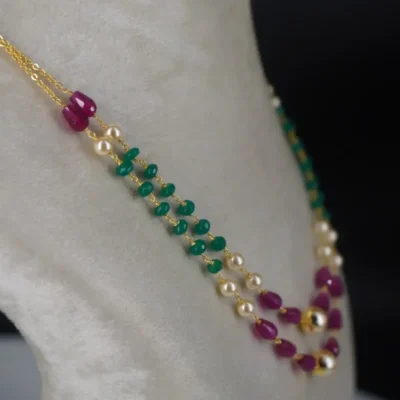 Pearl Chethan Ruby & Emarald Necklace Two Lines HK0351 - Image 4