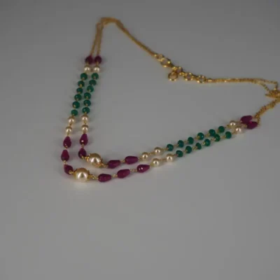Pearl Chethan Ruby & Emarald Necklace Two Lines HK0351 - Image 3