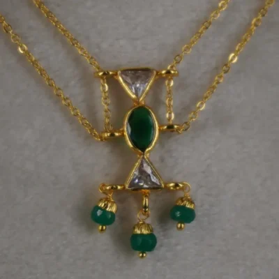 Plain 2 line Chain Centerd With Polki Green CZ Locket Hk0361 - Image 3