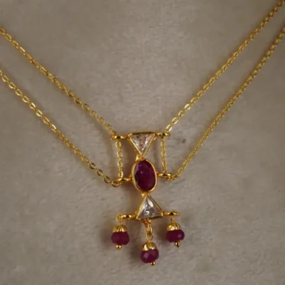 Plain 2 line Chain Centerd With Polki Pink CZ Locket Hk0361 - Image 3