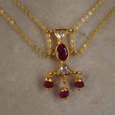Plain 2 line Chain Centerd With Polki Pink CZ Locket Hk0361 - Image 4