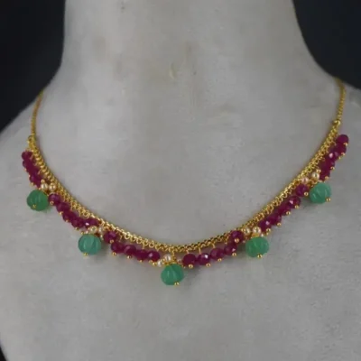 Special Pink CZ Neckalce Centerd with Pearl & Green Beads HK0370 - Image 3