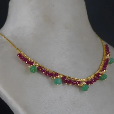 Special Pink CZ Neckalce Centerd with Pearl & Green Beads HK0370 - Image 2